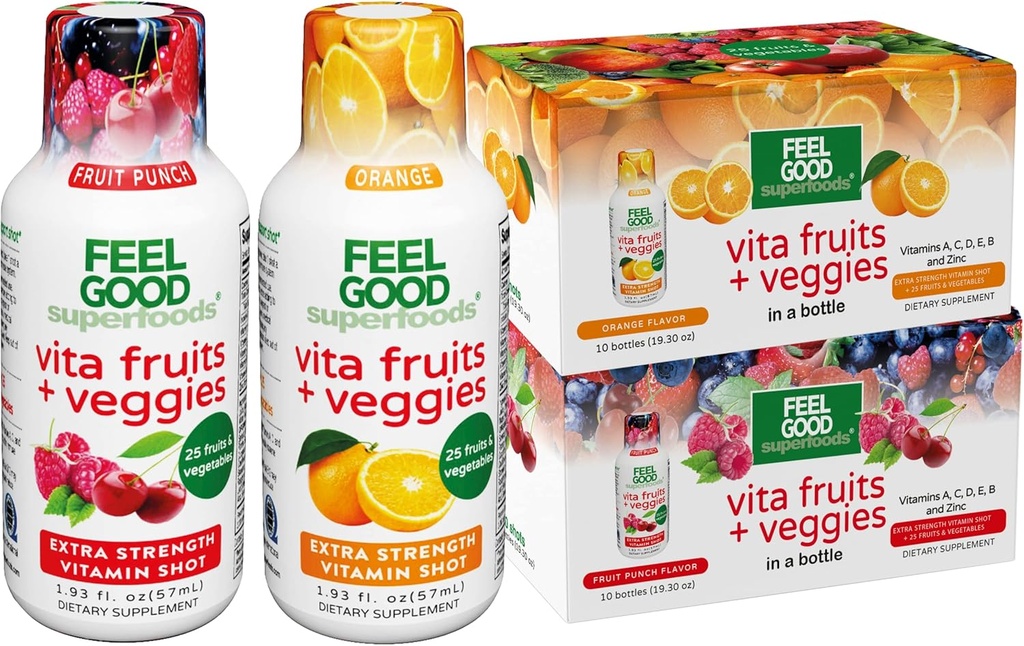 FeelGood Superfoods Vita Fruits and Veggies Immune Support Shot Supplements, 25 Βιολογικά Φρούτα και Veggies, Ready to Drink Immunity Booster, Orange and Fruit Punch Flavor, Combo Pack of 20