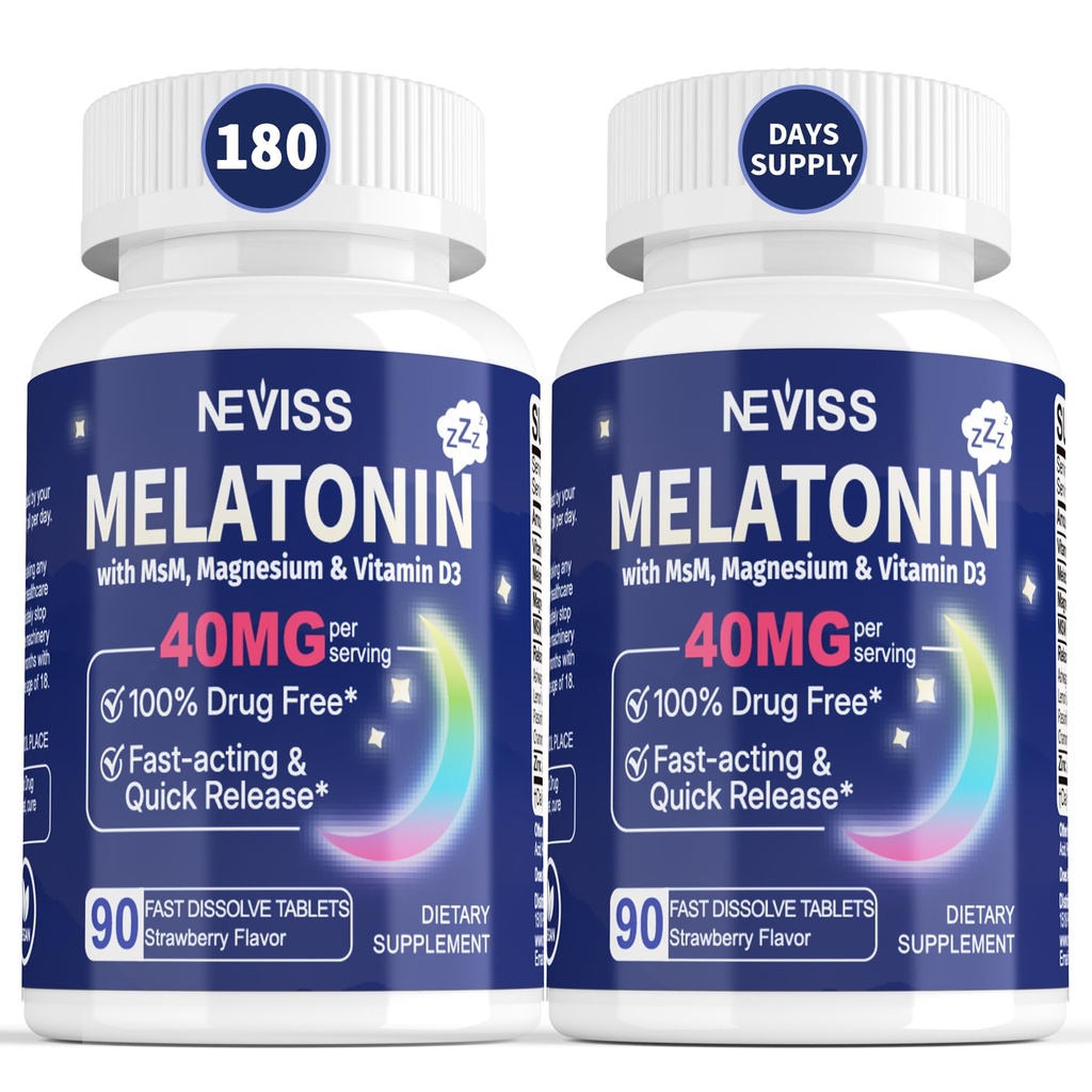 Μελατονίνη 40 mg για Ενήλικες - Γρήγορο Διαλύστε & Μασώμενο Υπογλώσσιο Συμπλήρωμα Ύπνου - Επιπλέον Δύναμη Μελατονίνη με Βιταμίνη D3 & MSM, Σελήνιο για τον Κύκλο Ανάπαυσης Υγείας, Βαθύ Zzzs, Χωρίς Ζάχαρη, 180 Μερίδες