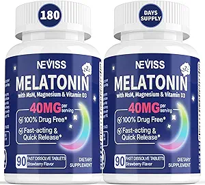 Yetişkinler için Melatonin 40 mg - Hızlı Dissolve & Chewable Sublingual Sleep Supplement - Ekstra Kuvvetli Melatonin D3 & MSM, Selenium for Health Rest Cycle, Deep Zzzs, Sugar-Free, 180 Servisler