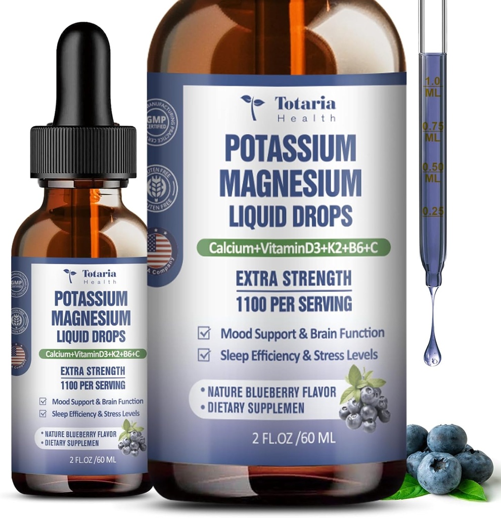 (2 Packs) Potassium Magnesium Supplement Liquid Drops - 200mg Potassium & 600mg Triple Complex Magnesium Glycinate Liquid Citrate Oil High Absorption Potasio Support Bone, Muscle, Leg Cramps