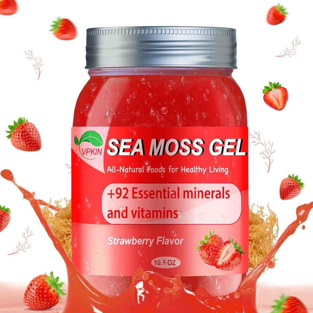 Sea Moss Gel, Organic Raw Irish Seamoss Gel Advanced Superfood, Immune and Digestive Support, Vitamin and Minerals Supplement (Strawberry,18.5OZ)