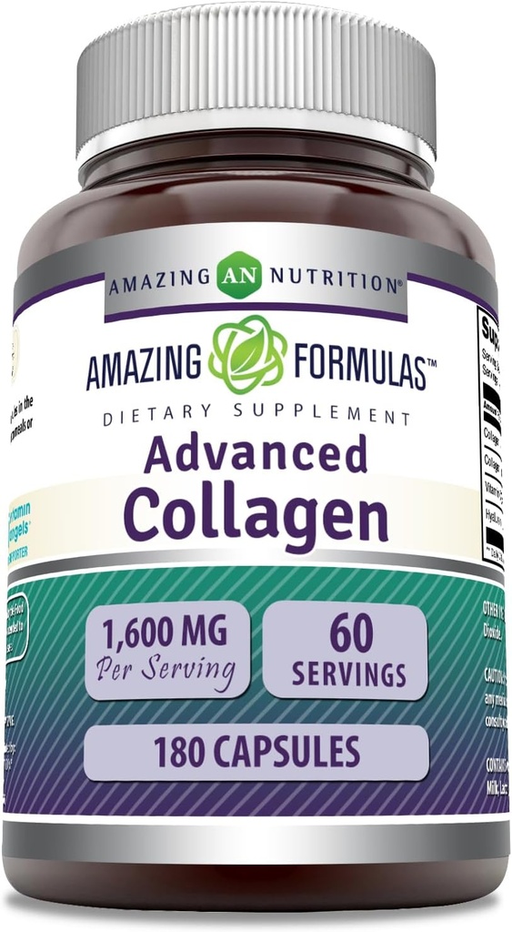 Amazing Formulas Advanced Collagen Supplement | Collagen Type I, II & III, C & Hyaluronic Acid | 1600 Mg Per | 180 Capsules | Non-GMO | Gluten-Free | Made in USA