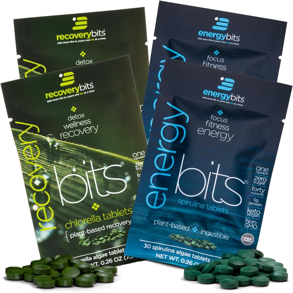 ENERbitler/RECOVERYbits - Organik Spirulina & Chlorella Tabletler - Tek Bir Örnek Paketler - Algae Superfood - Yüksek protein, Chlorophyll - Self Care - Vegan, Keto, Gluten Free - 4 Çanta, 30/Bag