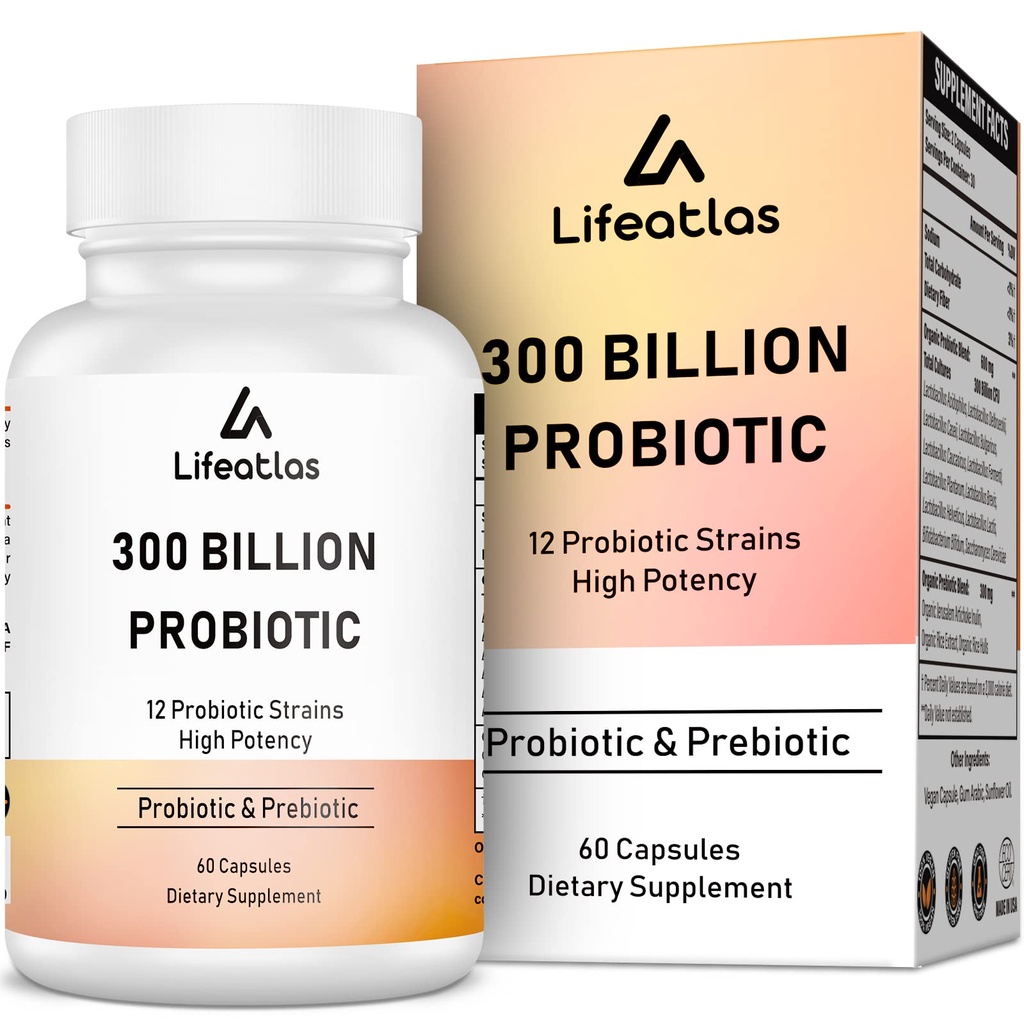 Lifeatlas 300 Billion CFU Probiotics - Probiotics for Women and Men, 12 Probiotic Strains Plus Prebiotic, for Immune & Digestive, Gut Health, Gas Bloating, Shelf Stable - 60 Caps