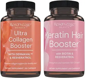 Reservage Ultra Collagen Booster & Keratin Hair Booster - Χαρακτηριστικά Dermaval, Biotin & Resveratrol - Υποστήριξη Hair & Skin - 90 Ultra Collagen Κάψουλες, 60 Καψάκια Κερατίνης