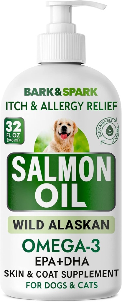 Köpekler ve Kediler için BARK&SPARK Salmon Oil - Doğal Omega-3 Köpekler için Balık Yağı - Skin & Coat Desteği - Evcil hayvanlar için Sıvı Gıda Supplement - EPA+DHA Ortak Fonksiyonlar için yağ asitleri, Immune & Heart Health 32oz