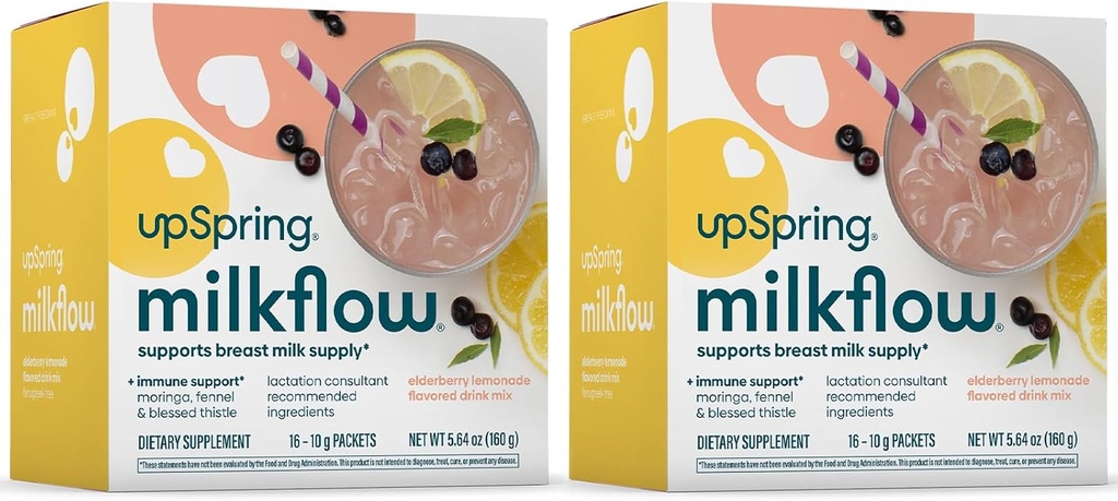 UpSpring Milkflow Immune Support Emziring Supplement Drink Mix Fenugreek-Free, Moringa | Elderberry Lemonade Flavor | Lactation Supplement to Support Mother Milk Supply | 2 Pack