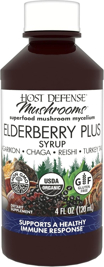 Host Defense Elderberry Plus Syrup - Immune, Respiratory & Lung Support Supplement* - Türkiye Tail, Reishi, Agarikon & Chaga* - 4 fl oz (12 hizmet)