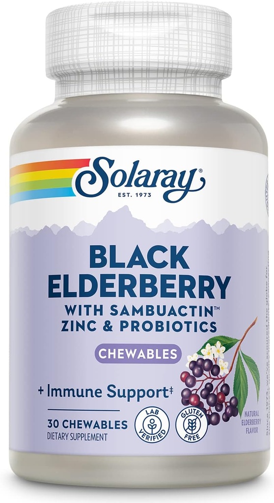SOLARAY Black Elderberry, çinko, Probiyotiks & Vitamin C | Sağlıklı Immune Sistem Desteği | 30 Chewable Tabletler