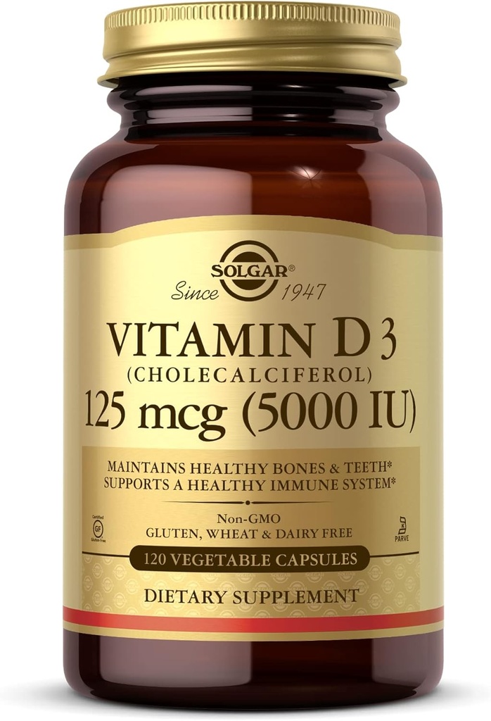 Solgar Vitamin D3 (Cloncalciferol) 125 mcg (5000 IU), 120 Sebze Capsules - Sağlıklı Kemikleri ve Dişleri Korumaya Yardımcı - Immune System Support - Non-GMO, Gluten Free, Dairy Free, Kosher - 120 Hizmet