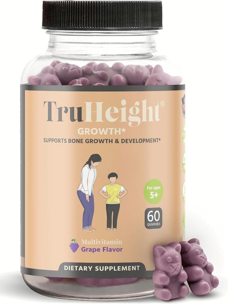 TruHeight Büyüme Gummies (Grape) Çocuklar ve Gençler için Doğal Büyüme ve Geliştirme Tamamı - D vitamini, K, Kalsiyum & Ashwagandha - Bone Strength Vitamins D3 K2 - Picky Eater Vitamini - 5+