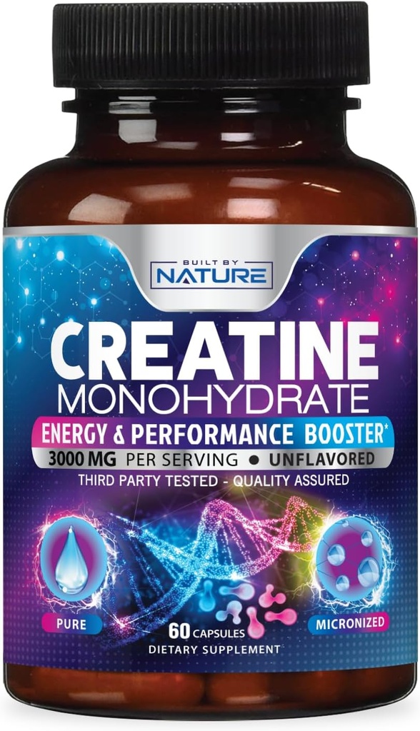Χτισμένο από τη φύση Μονοϋδρικά Χάπια Creatine - Μικρονωμένο Συμπλήρωμα Creatine για άνδρες & γυναίκες - μυϊκή δύναμη, ενέργεια, αντοχή, και ανάκτηση - Χωρίς γλουτένη, Vegan, μη ΓΤΟ - 60 κάψουλες