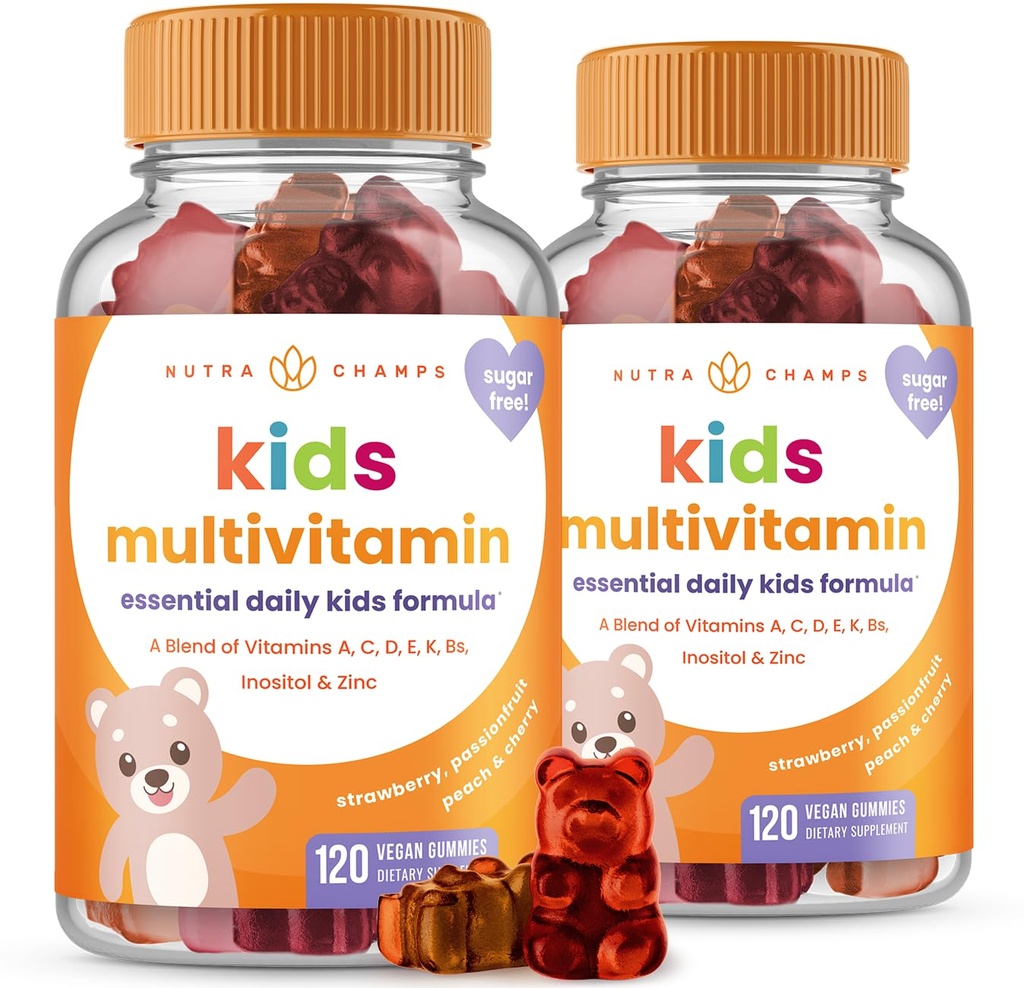 NutraChamps 120 Gummy Βιταμίνες για τα παιδιά (πακέτο των 2), Sugar Free Kids Βιταμίνες Gummy Πολυβιταμίνη, Vegan & Non-GMO, Φράουλα, Passionfruit, Ροδάκινο & Κεράσι