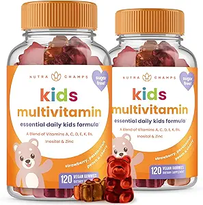 NutraChamps 120 Gummy Βιταμίνες για τα παιδιά (πακέτο των 2), Sugar Free Kids Βιταμίνες Gummy Πολυβιταμίνη, Vegan & Non-GMO, Φράουλα, Passionfruit, Ροδάκινο & Κεράσι