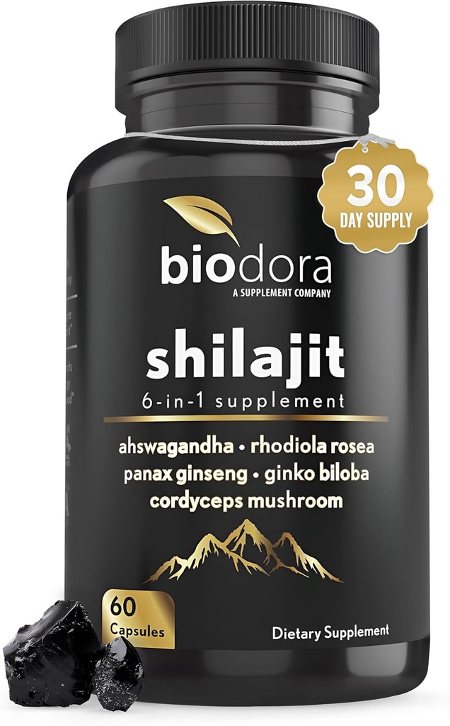 6in-1 Shilajit Supplement 300 mg, Mood ve Energy Support Supplement with 60mg Pure Ashwagandha, Rhodiola Rosea Panax Ginseng for Immune Support, Memory and Focus, 85+ Trace Minerals, 60 Capsules