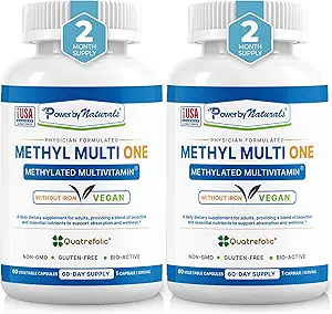 Power by Naturals Methyl Multi One – μεθυλιωμένη πολυβιταμίνη χωρίς σίδηρο για άνδρες & γυναίκες με B12 Methylcobalamin, P5P, Folate (5-MTHF), CoQ10 & Ψευδάργυρο για την ενέργεια & υποστήριξη MTHFR, 60 κάψουλες (2-PK)