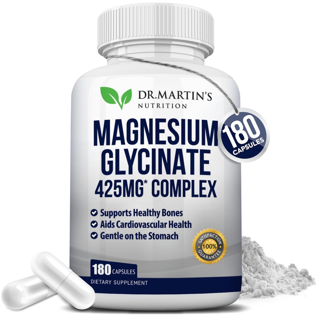 Premium Magnezyum Glycinate 425 mg - 180 Vegan Capsules - Stres Yardımı, Uyku, Kas Cramps & Sağlıklı Kalp |