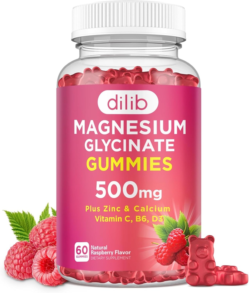 Μαγνήσιο Γλυκινικό Gummies 500mg Συμπλήρωμα μαγνησίου με ασβέστιο, ψευδάργυρο, βιταμίνη C, B6, D3-Calm Μασώμενα Gummies για παιδιά & ενήλικες-ύπνος, Mood & μυϊκή υποστήριξη-Raspberry Flavor, 60 Gummies