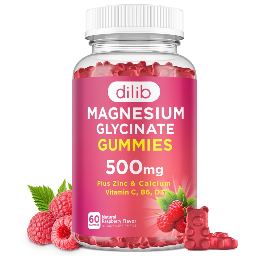 Magnezyum Glycinate Gummies 500 mg Supplement Magnezyum, çinko, C, B6, D3-Calm Chewable Gummies for Kids & Yetişkinler-Sleep, Mood & Muscle Support-Raspberry Flavor, 60 Gummies