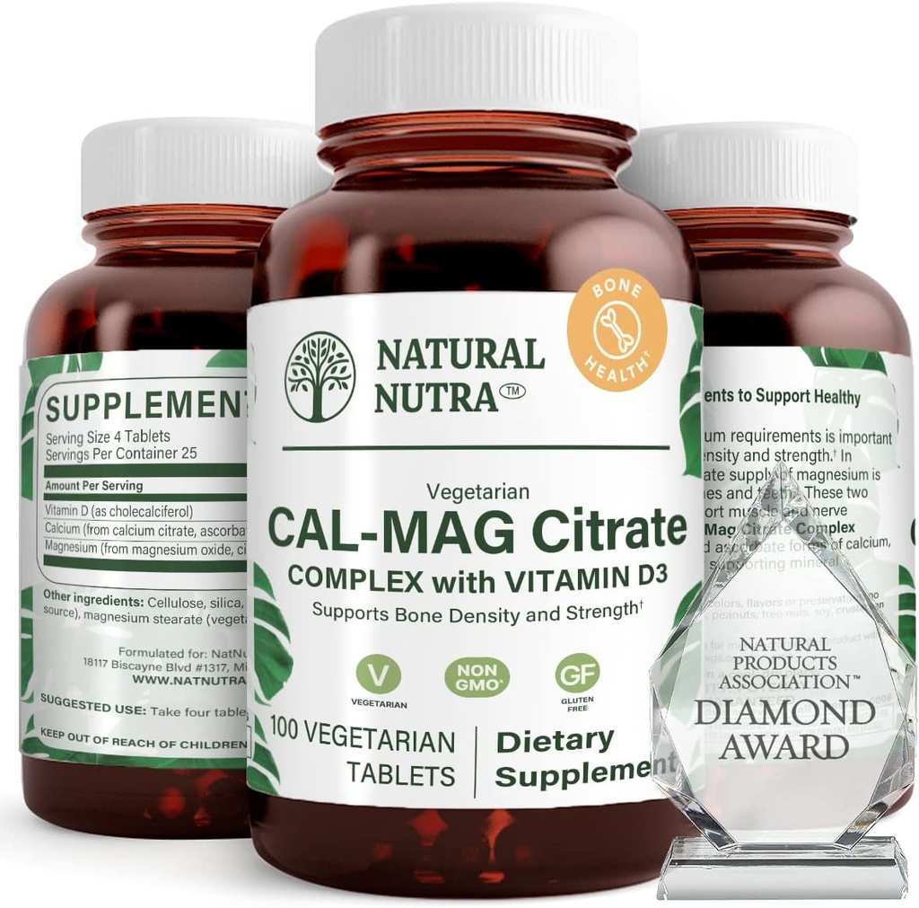 Natural Nutra Cal-Mag Citrate with Vitamin D3,1000/500 mg Complex, Ενίσχυση της πυκνότητας των οστών, των μυών και των νεύρων υγεία, Βοήθεια για τη διατήρηση των υγιεινών δοντιών, εξαιρετικά βιοδιαθέσιμες πηγές, 100 Vegan δισκία