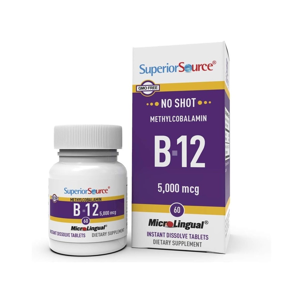 Superior Source No Shot Methylcobalamin B-12 5000 mcg - Vitamin B-12 to Support Energy Production, Brain Health & Overall Wellness - Sublingual Tablets for Fast Absorption - 60 Dissolving Tablets