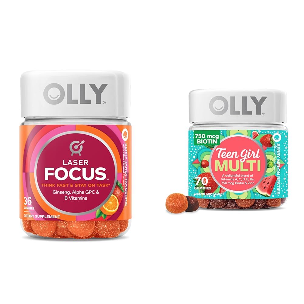 OLLY Laser Focus Gummy 36 Count and Teen Girl Multi 70 Count Berry Melon