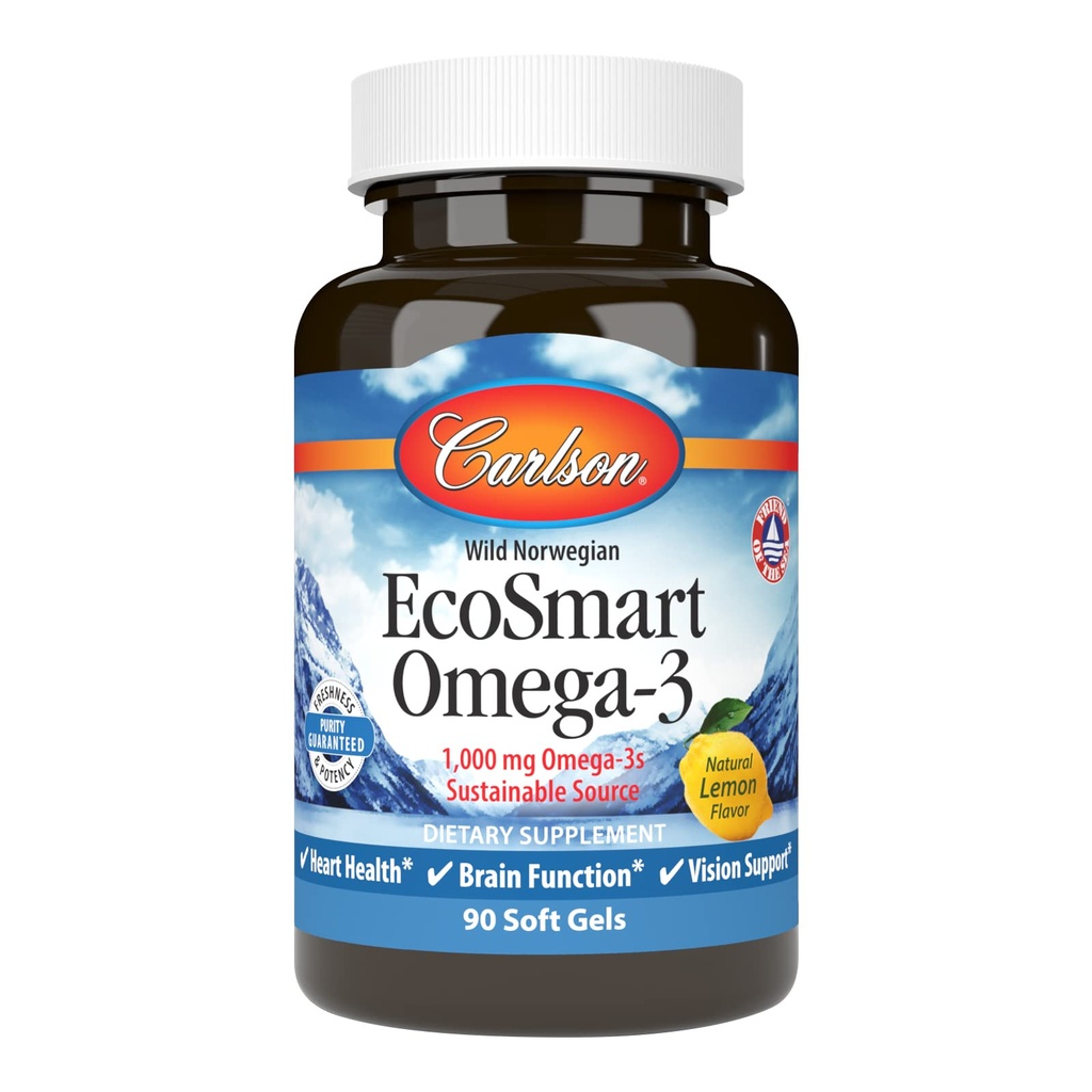 Carlson - EcoSmart Omega-3, Βιώσιμη Πηγή, Προωθεί την καρδιά, τον εγκέφαλο, το όραμα και κοινή υγεία, λεμόνι, 90 μαλακά τζελ