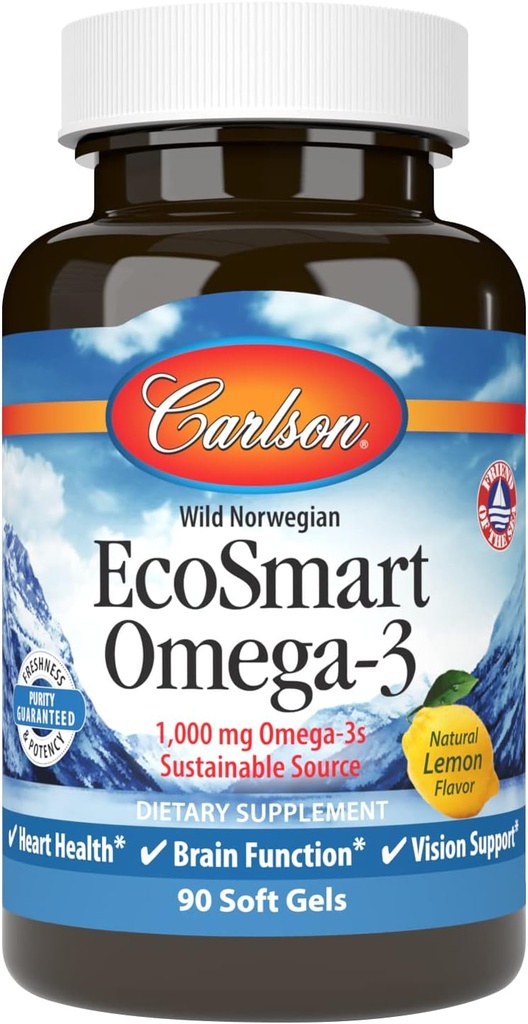 Carlson - EcoSmart Omega-3, Sürdürülebilir Kaynak, Kalp, Beyin, Vizyon ve Ortak Sağlık, Limon, 90 yumuşak jel
