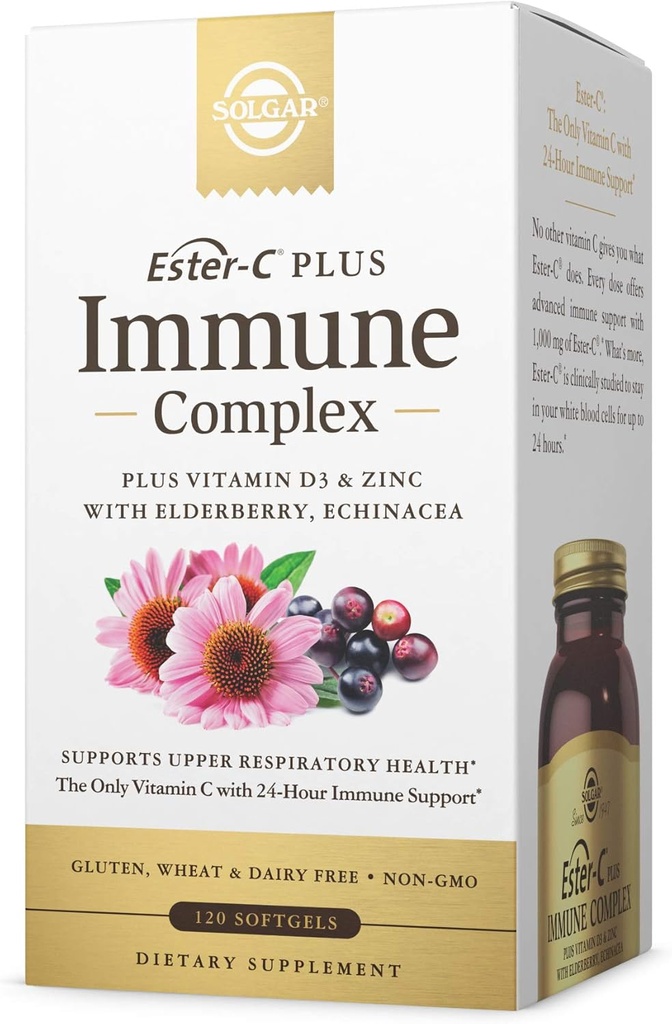 Solgar Ester-C Plus Immune Complex -120 Softgels, 24 Saat Immune Support, Supports Upper Respiratory Health - Plus D3, çinko, Elderberry & Echinacea - Non-GMO, Gluten Free, Dairy - 60 Hizmet,