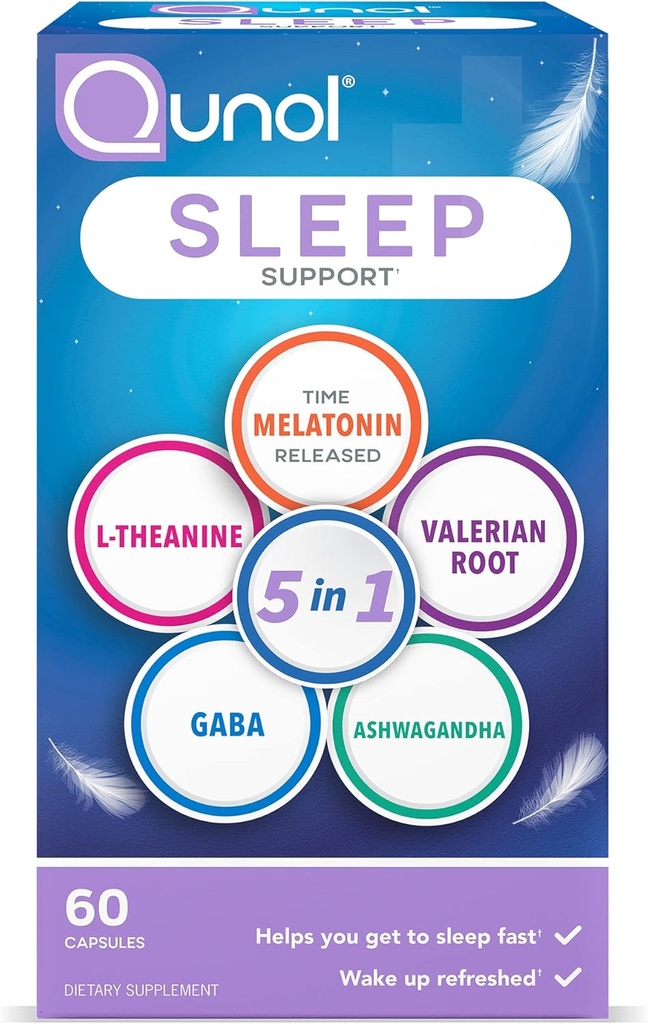 Qunol Sleep Support, 5 in 1 Non-Habit Form Sleep Aid, Supplement with time-released Melatonin 5 mg, Ashwagandha, GABA, Valerian Root, L-Theanine, 60ct Capsules
