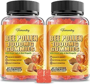 Bee Pollen 1000MG Gummies με 500MG Royal Jelly & Bee Propolis, συμπλήρωμα χωρίς ζάχαρη Μέλισσα Γύρη πλούσια σε βιταμίνη C & E, χορτοφαγική, μη ΓΤΟ, Χωρίς γλουτένη, Υποστήριξη Ασυλία & Υγεία του δέρματος (120 Count)