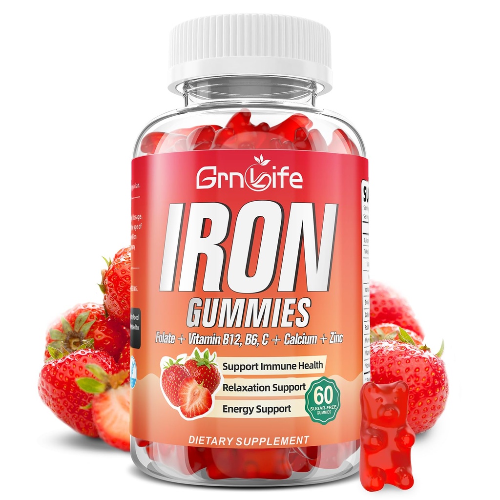 Kadınlar için Demir Gummies, Erkekler ve Çocuklar, Şeker Free Iron Supplement, Kalsiyum, çinko, Folate & Vitamin B12, C, B6 - Blood Building & Energy Support, Anemia, Strawberry, 60 Count