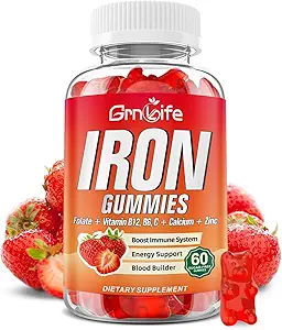 Kadınlar için Demir Gummies, Erkekler ve Çocuklar, Şeker Free Iron Supplement, Kalsiyum, çinko, Folate & Vitamin B12, C, B6 - Blood Building & Energy Support, Anemia, Strawberry, 60 Count