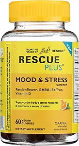 RESCUE Bach Plus Mood & Stress Support Gummies, Daytime Diyetary Supplement with Passionflower, GABA, Saffron & Vitamin D, Natural Orange Flavor, Vegan & Gluten-Free, 60 Count