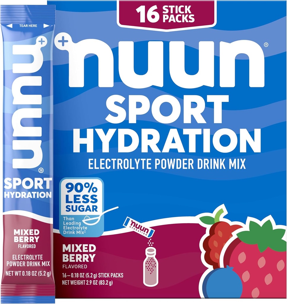 Nuun Sport Ηλεκτρολυτικά Συσκευασίες Σκόνης με Μαγνήσιο, Ασβέστιο, Κάλιο, Χλωριούχο και Νάτριο, Συσκευασίες Ενυδάτωσης για On-The-Go, Μικτή Γεύση Μπέρι, Χωρίς Γλουτένη & Vegan, 16 Ενιαία Σερβίρισμα