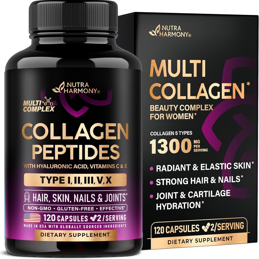 Multi Collagen, - Hydrolyzed Tipleri I, II, III, V & X - Kadınlar için Kolektif Ek 1300 mg - W / Hyaluronic Asit, Vitaminler C & E - Skin, Hair, Nails & Ortak Destek - ABD'de Yapıldı, 120 Capsules