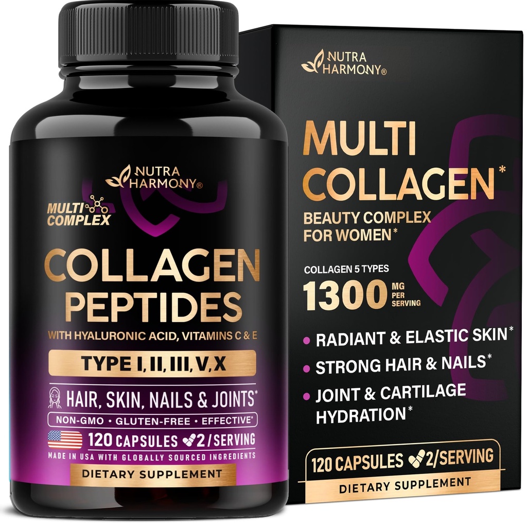 Multi Collagen, - Hydrolyzed Tipleri I, II, III, V & X - Kadınlar için Kolektif Ek 1300 mg - W / Hyaluronic Asit, Vitaminler C & E - Skin, Hair, Nails & Ortak Destek - ABD'de Yapıldı, 120 Capsules