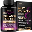Multi Collagen, - Hydrolyzed Tipleri I, II, III, V & X - Kadınlar için Kolektif Ek 1300 mg - W / Hyaluronic Asit, Vitaminler C & E - Skin, Hair, Nails & Ortak Destek - ABD'de Yapıldı, 120 Capsules