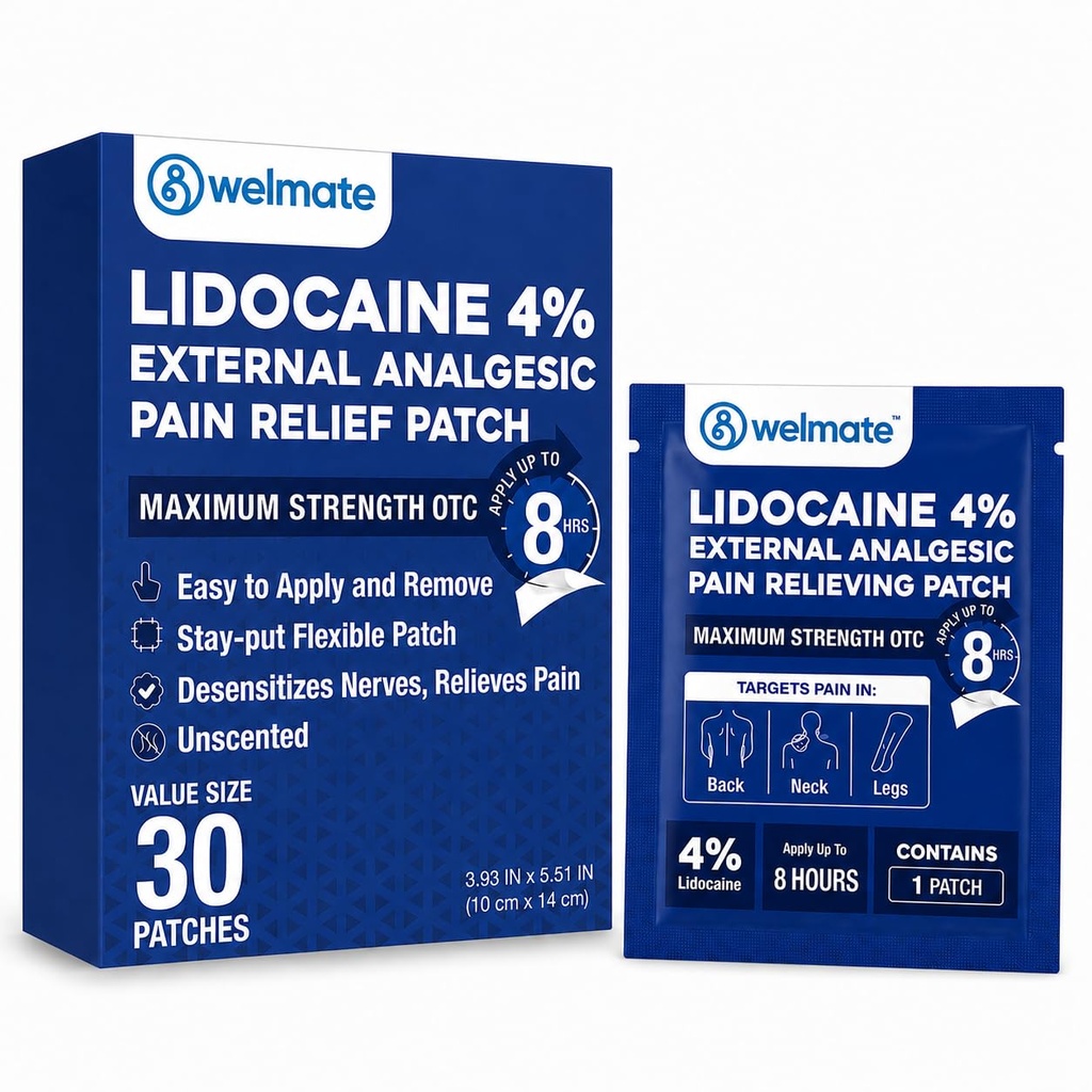 WELMATE - 4% Lidocaine Numbing Patch - Maximum Strength - Temporary Relief of Pain, Back, Neck, Shoulders, Knees, Elbows, Minor Skin Irritations - Topical Analgesic Unscented - 30 ct