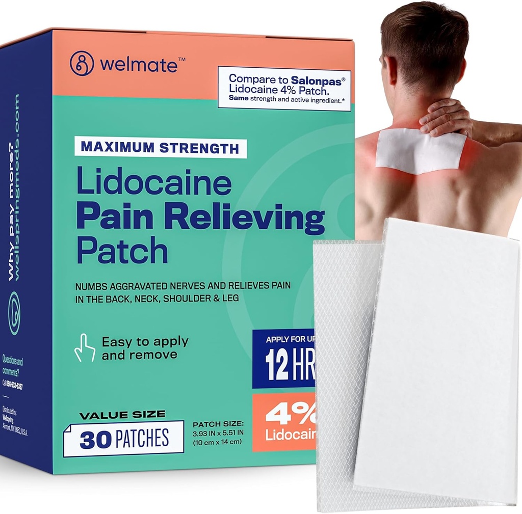 WELMATE -% 4 Lidoka Numbing Patch - Maksimum Güç - Ağrının Geçici Yardımı, Arka, Boy, Omuzlar, Dizler, Elbows, Minor Skin Irritations - Topical Analgesic Unscented - 30 ctt