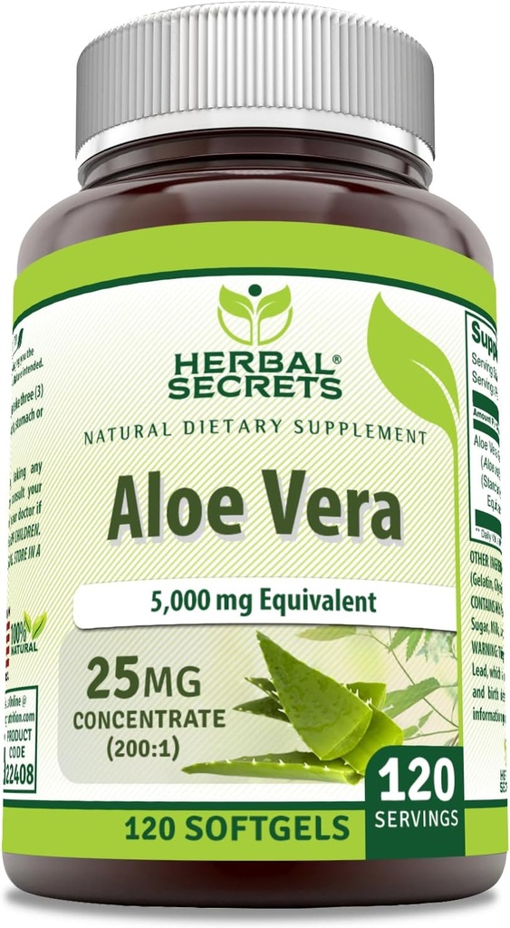 Herbal Sırları Aloe Vera 25 Mg Yoğun 200:1 | 5000 Mg Eşdeğer | 120 Softgels | Non-GMO | Gluten-Free | Made in USA