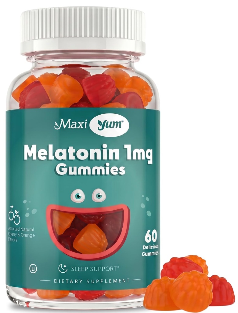 Maxi Health 1mg Melatonin Gummies – Çocuklar Melatonin Chewables with Natural Cherry & Orange Flavor – Adult and Baby Sleep Help Supplement to Support Restful Nights (60 Count)