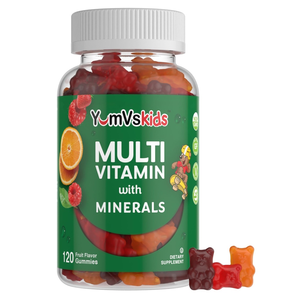 YumVs Kids Multivitamin Gummies - Fruit Flavored Chewable Children's Multivitamin - 12 Minerals & Vitamins A C D3 E B6 B12 (120 Kont)