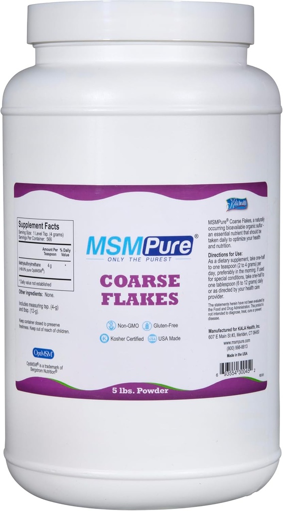 KALA Health MSMPure Coarse MSM Powder Fleakes – US-Made MSM για κοινή υγεία, εμφάνιση του δέρματος, και Hair & Nail Support – 5 lb, Βιολογικό Sulfur