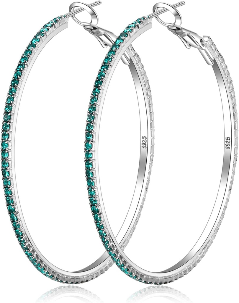 925 Sterling Silver Earrings Large Renstone Hoop Earrings Big Cubic Zirconia Hoop Earrings İnce Renstones Round Hoop Earrings for Women 20/30/40/50 / 70mm Coly Hoops Kadınlar için Kristallerle