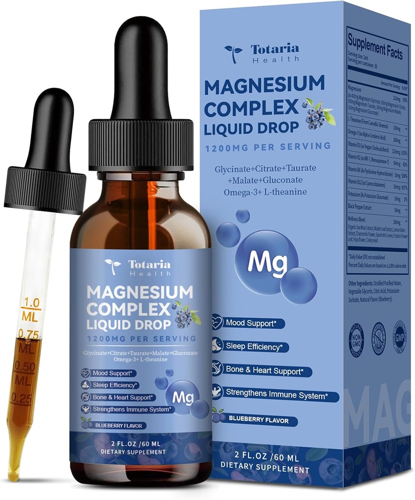21'de 1 Magnezyum Glycinate Kompleksi Vitamin D3,K2,B6 & B12 Plus L-Theanine Omega-3 Sea Moss Extract for Energy,Sleep,Joint,Heart Health Sugar Free Blueberry Flavor,2 Fl Oz