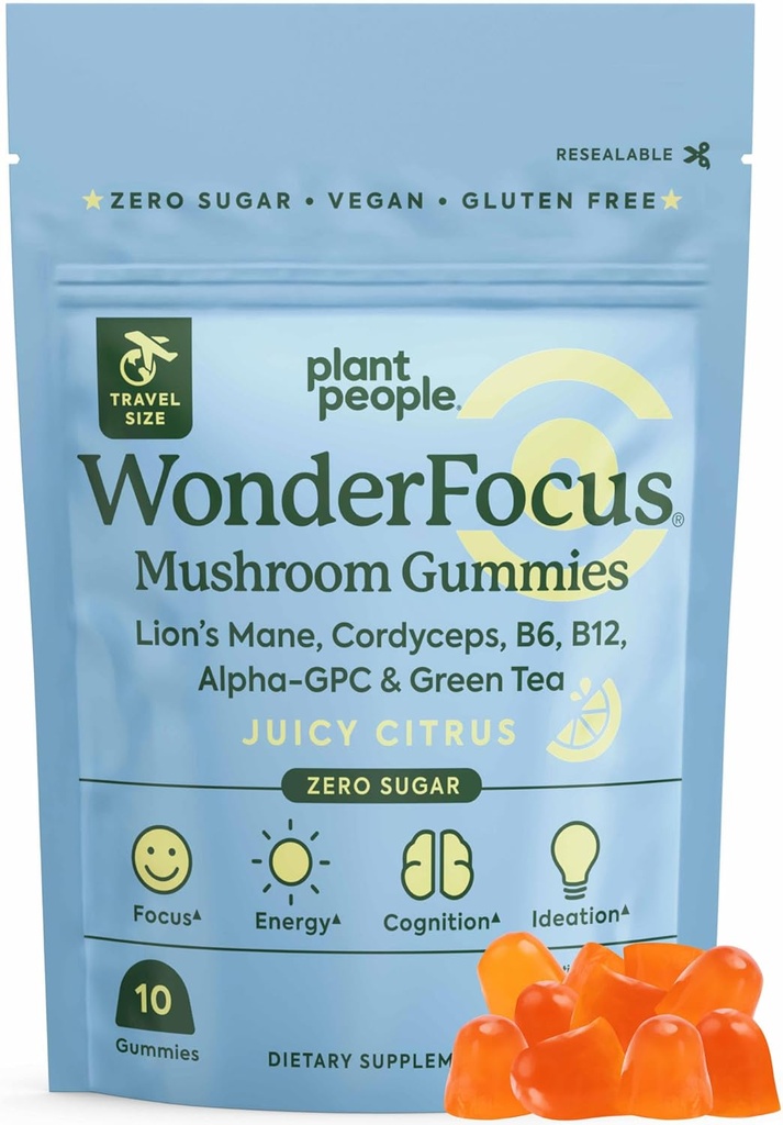Plant People WonderFocus Mushroom Gummies Mini with Lion’s Mane & Cordyceps Nootropic Brain Supplement Ενισχύει τη μνήμη Focus Energy & Mood in Adults No Sugar 100% Vegan Citrus Flavor Trial Size