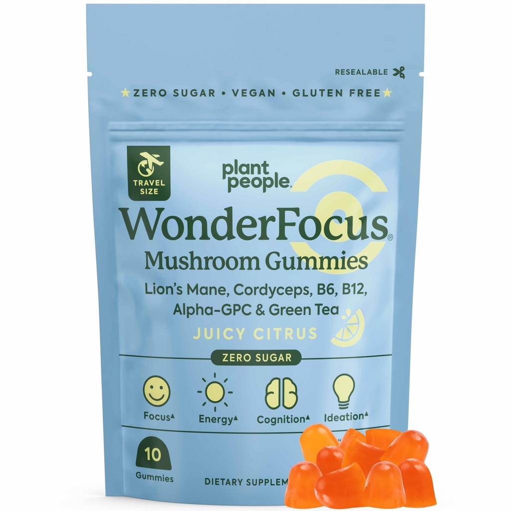 Plant People WonderFocus Mushroom Gummies Mini with Lion’s Mane & Cordyceps Nootropic Brain Supplement Ενισχύει τη μνήμη Focus Energy & Mood in Adults No Sugar 100% Vegan Citrus Flavor Trial Size