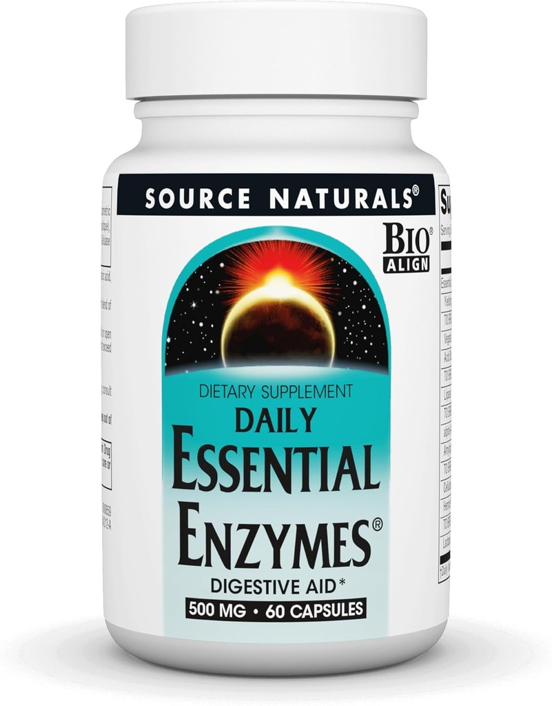 Source Naturals Essential Enzymes 500 mg Bio-Aligned multiple Enzyme Supplement Herbal Defense for Digestion, Gas, Constipation & Bloating Relief - Supports A Strong Immune System - 60 Capsules