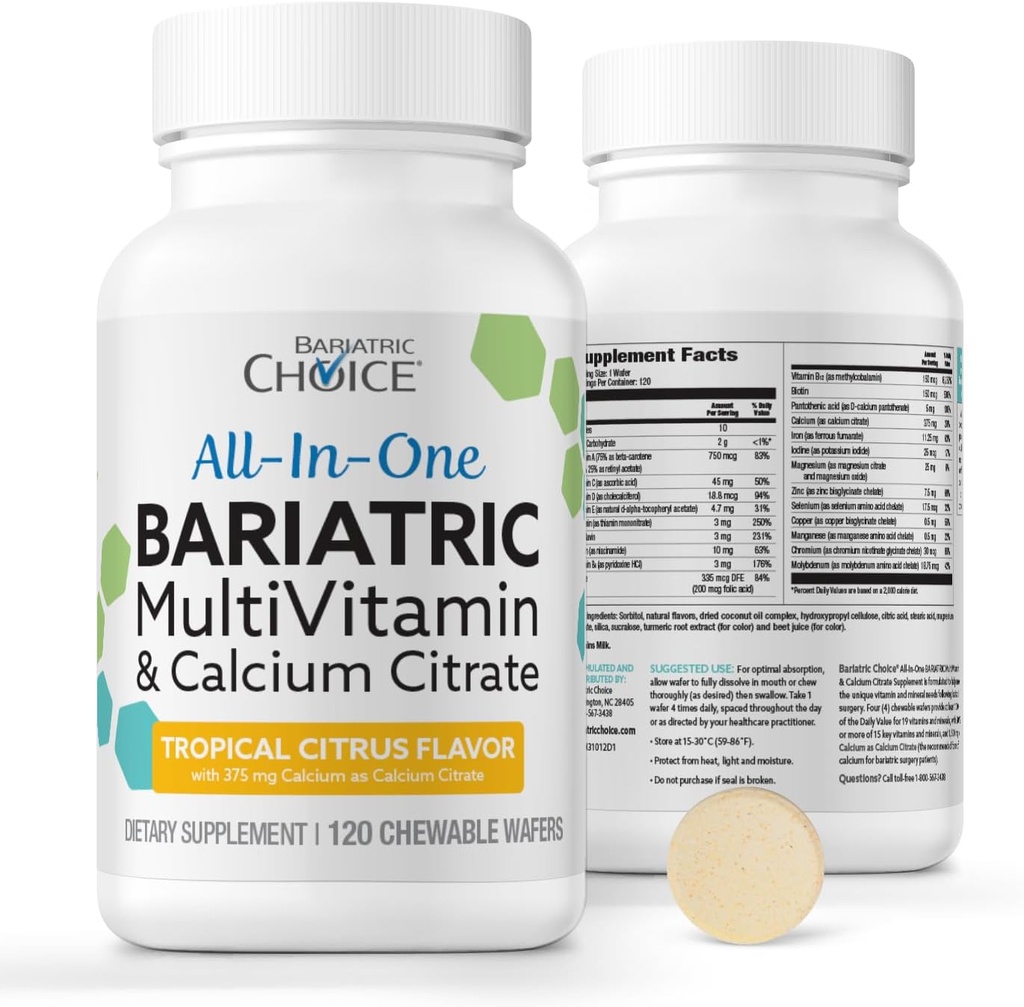 Bariatric Choice All-in-One Chewable Bariatric MultiVitamin with Iron & Food Citrate, Tropikal Citrus (120ct)